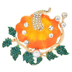 Enamel Pumpkin with Rhinestones and Leaves Brooch — Orange