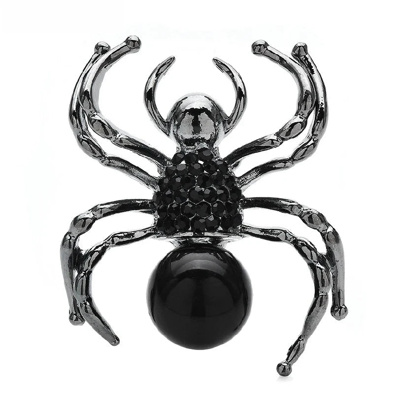Pearl-Look Spider Brooch — Black