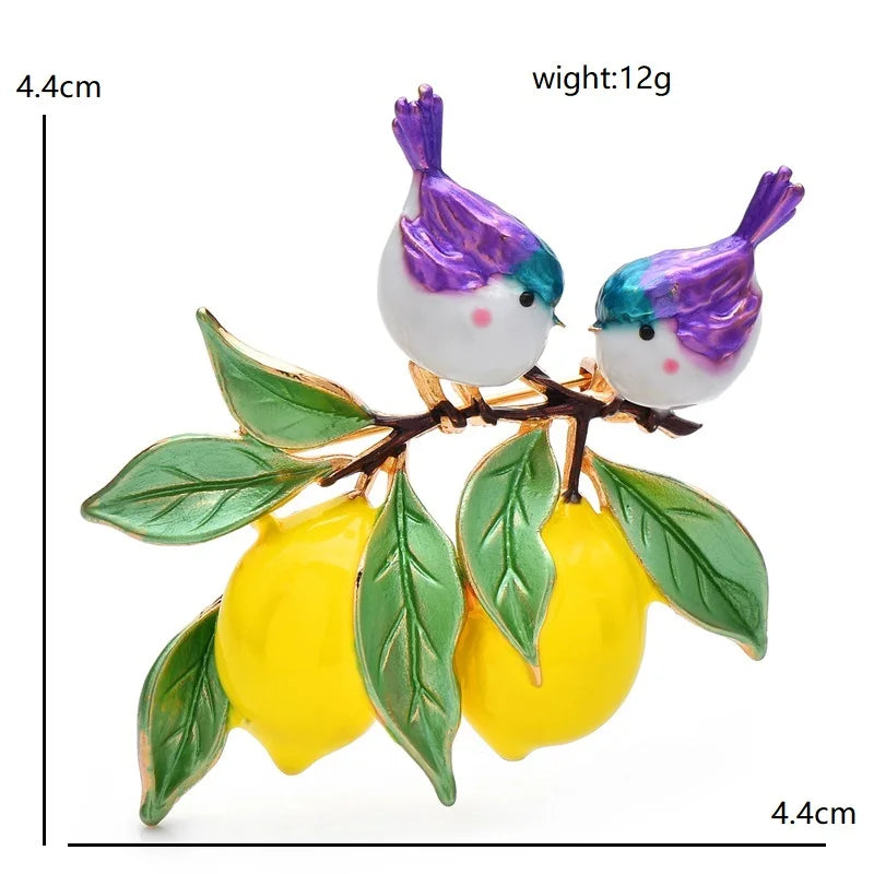 Enamel Bird Pair on Lemon Branch Brooch dimensions and weight