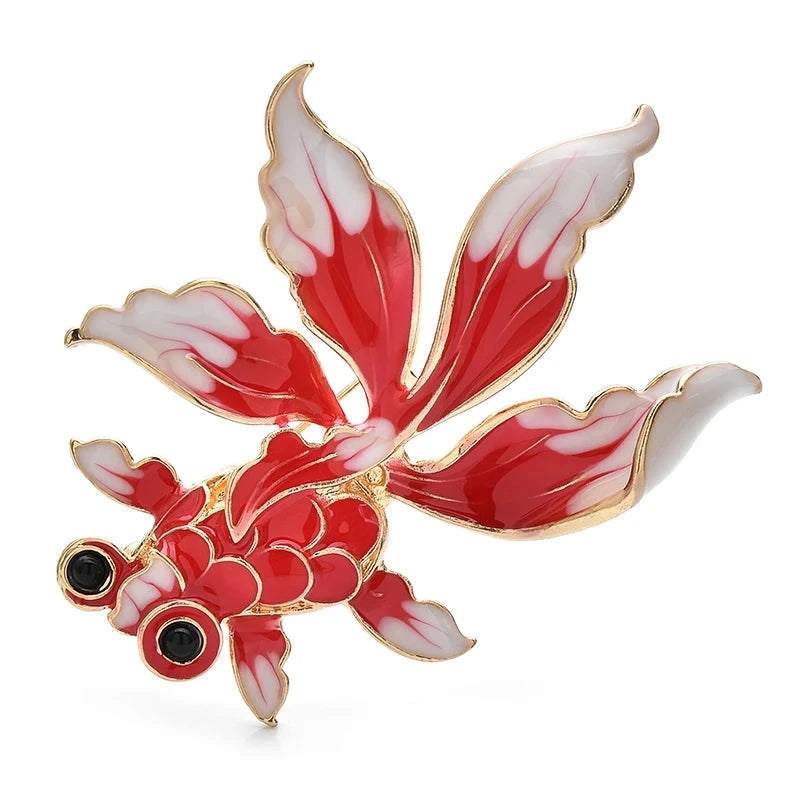 Red and White Enamel Fancy Goldfish Brooch — Red & White Goldfish