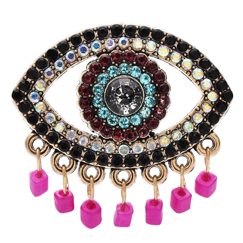 Jeweled Eye with Pink Bead Fringe Brooch — Eye & Pink Fringe