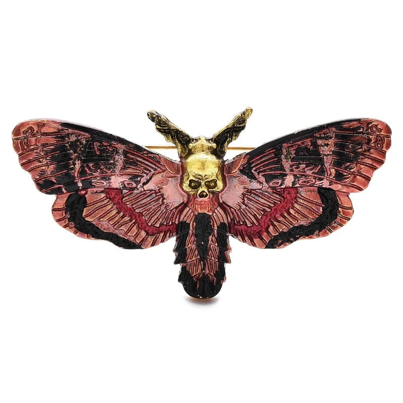 Vintage-Style Skull Butterfly Enamel Brooch — Red