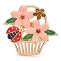 Enamel Flower Basket with Ladybug Brooch — Pink