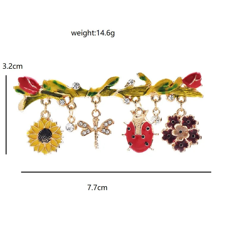 Enamel Branch with Flower and Insect Charms Brooch — dimensions