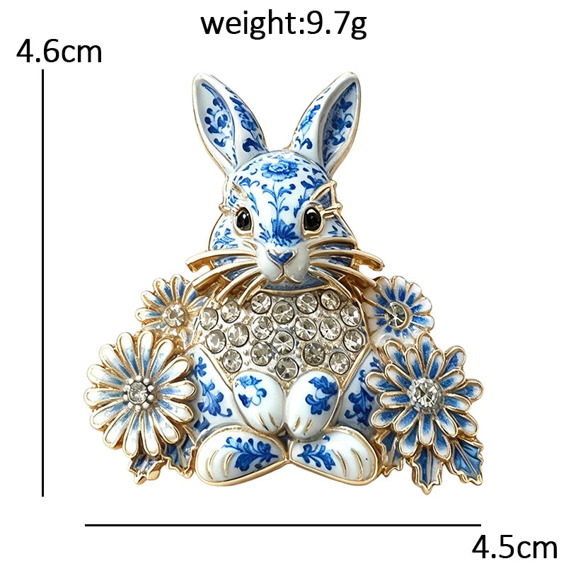 Seated Rabbit with Daisy Flowers Brooch