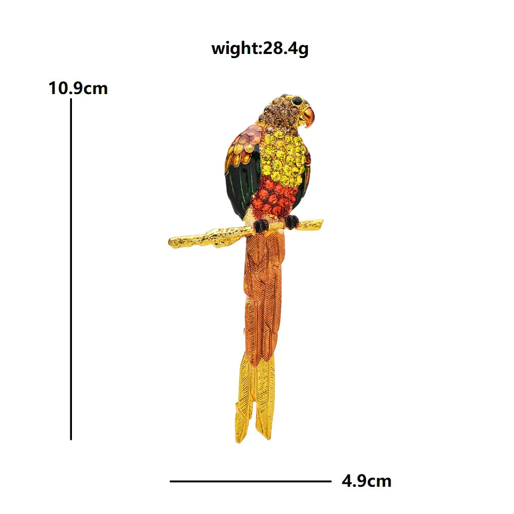Long-Tailed Enamel Parrot with Rhinestones Brooch dimensions and weight