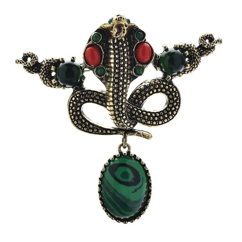 Ornate Snake with Green Oval Drop Brooch — Green Snake