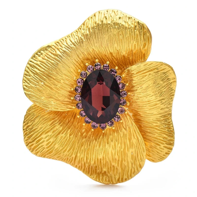 Textured Flower with Oval Stone Brooch — Garnet Red