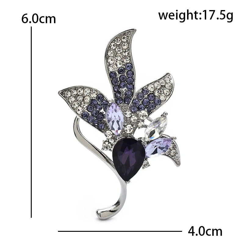 Purple Faceted Floral Spray with Curved Leaves Brooch — dimensions