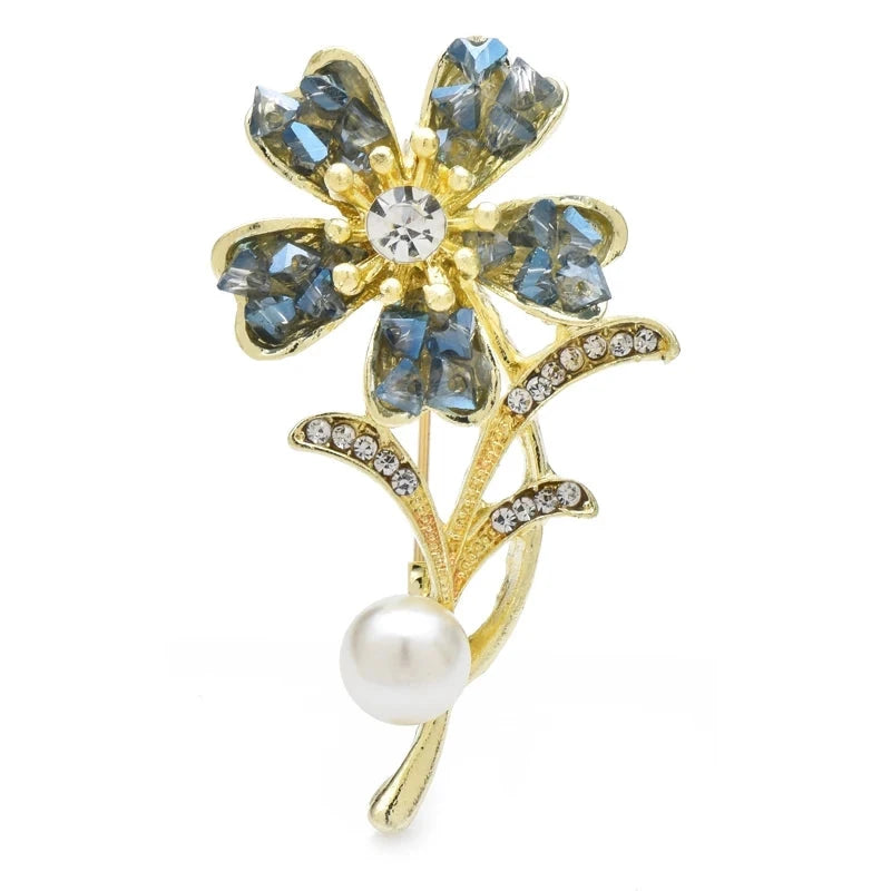 Rhinestone Flower with Pearl-Look Stem Accent Brooch — Blue