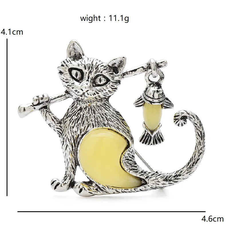 Vintage-Style Cat Holding a Fish Brooch — dimensions