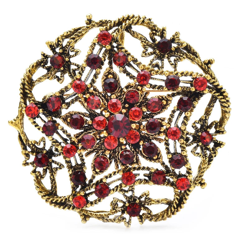 Openwork Star Flower Rhinestone Medallion Brooch — Red