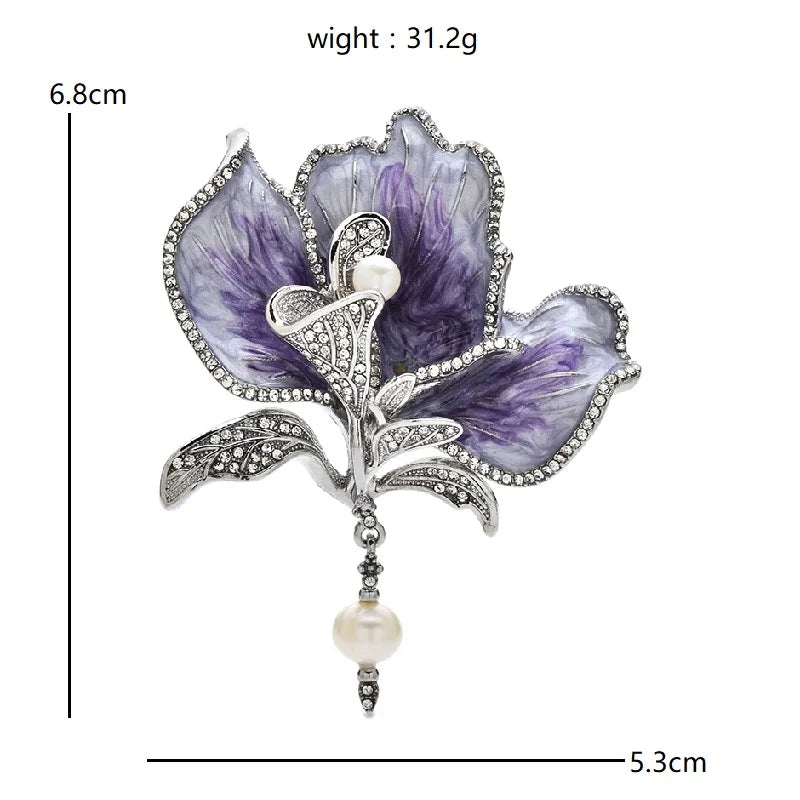 Purple Enamel Iris with Pearl-Look Drop Brooch — dimensions