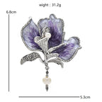 Purple Enamel Iris with Pearl-Look Drop Brooch — dimensions