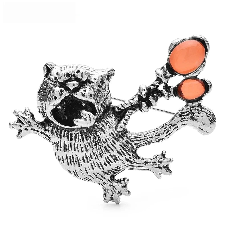Vintage-Style Flying Cat with Balloons Brooch — Silver