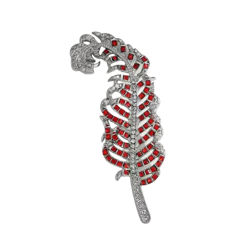 Vintage-Style Rhinestone Feather Brooch — Red