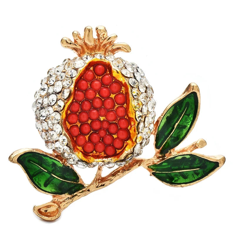 Jeweled Pomegranate on Leafy Branch Brooch — Clear & Red