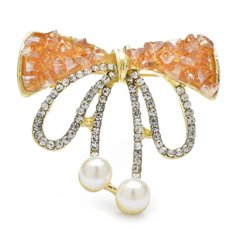 Jeweled Ribbon Bow with Twin Pearl-Look Drops Brooch product variant photo