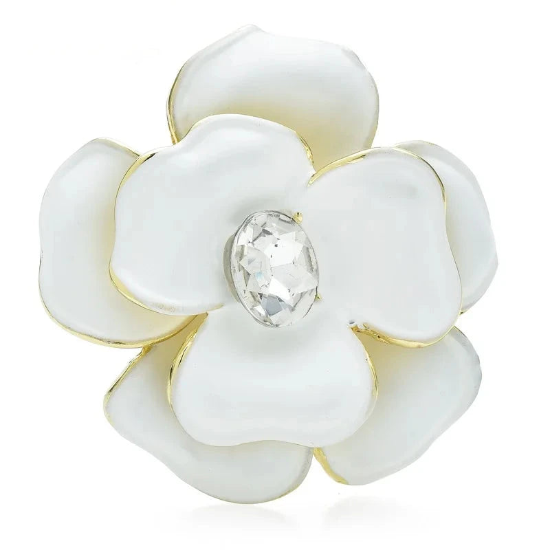 Classic Enamel Camellia with Rhinestone Center Brooch — White