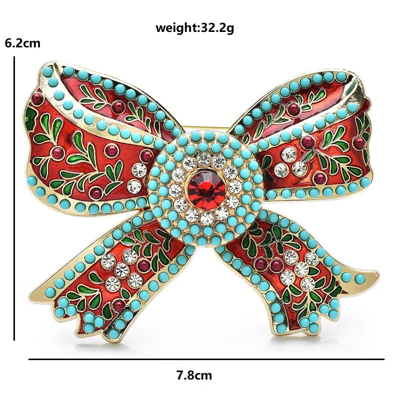 Patterned Red Enamel Bow with Rhinestones Brooch — dimensions