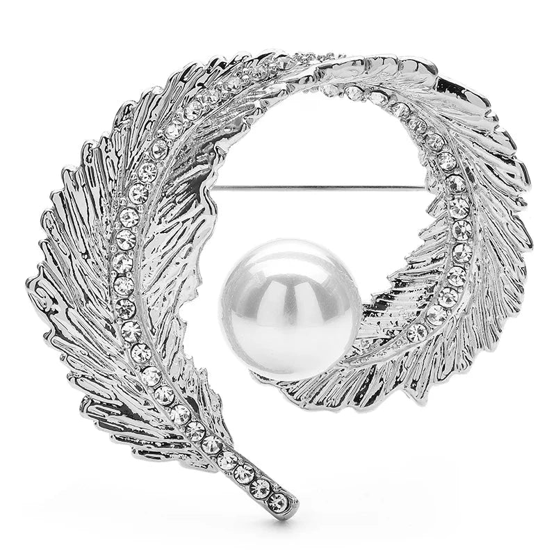 Pearl-Look Feather Wreath Brooch — Silver