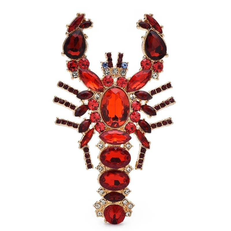 Jeweled Lobster with Faceted Stones Brooch — Red
