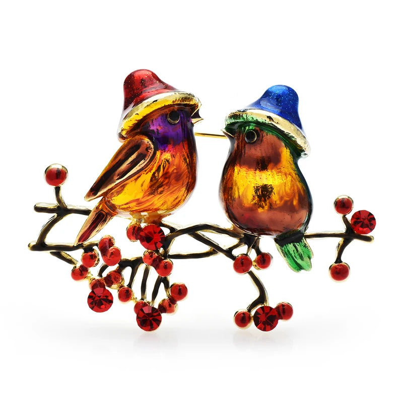 Enamel Bird Pair on a Berry Branch Brooch