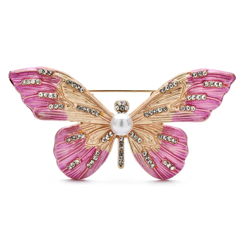 Enamel Butterfly with Sparkling Wing Stripes Brooch — Pink