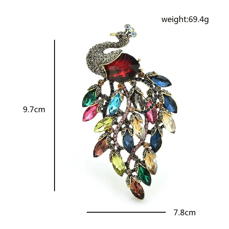 Large Jeweled Peacock with Cascading Tail Brooch