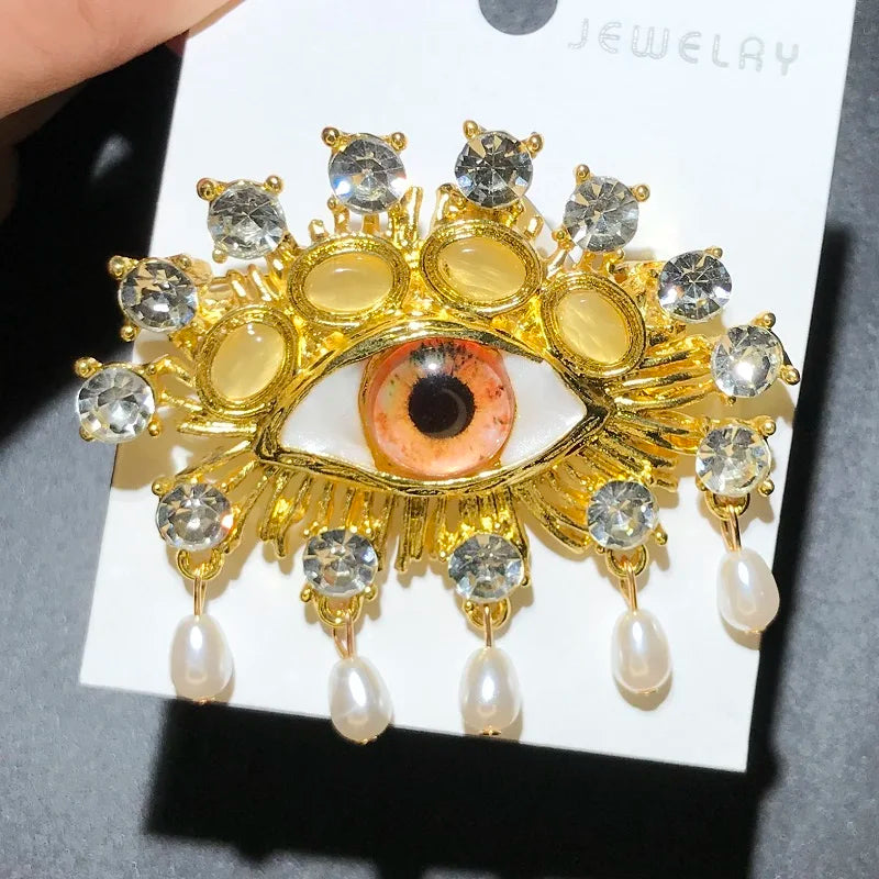 Jeweled Eye with Pearl-Look Drops Brooch