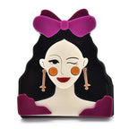 Acrylic Winking Lady with Bow Brooch — Purple