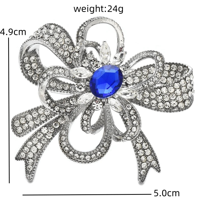 Rhinestone Flower Bow with Blue Center Brooch — dimensions