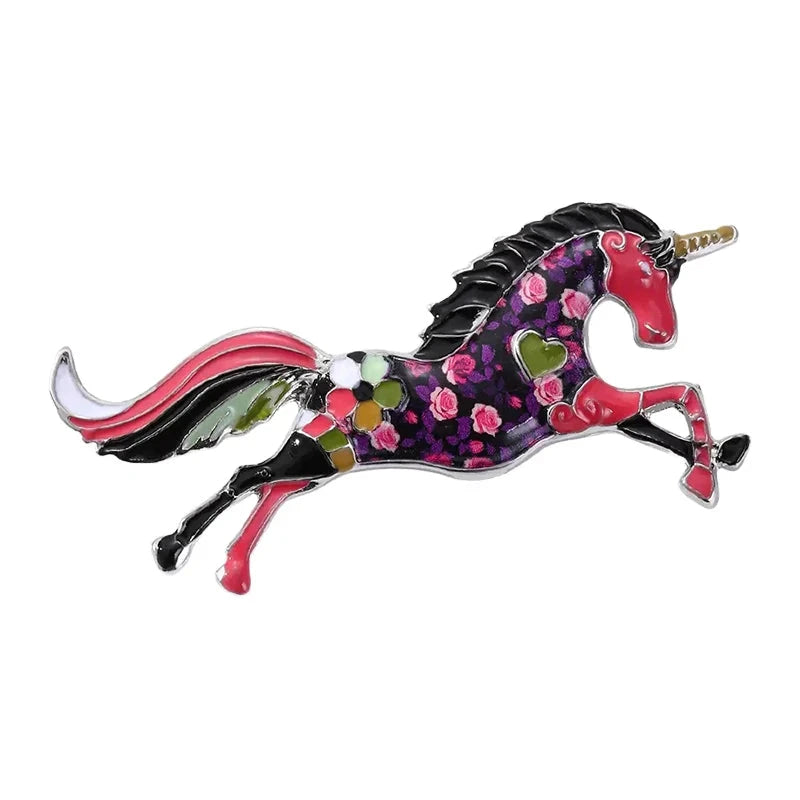 Floral Enamel Galloping Unicorn Brooch — Purple