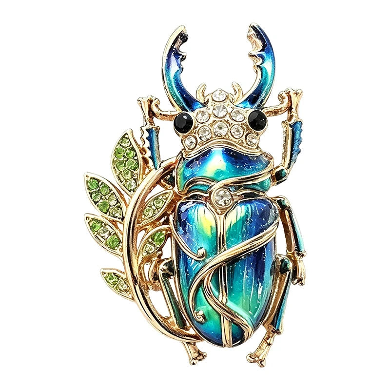 Jeweled Stag Beetle with Leaf Vine Brooch original white background product photo