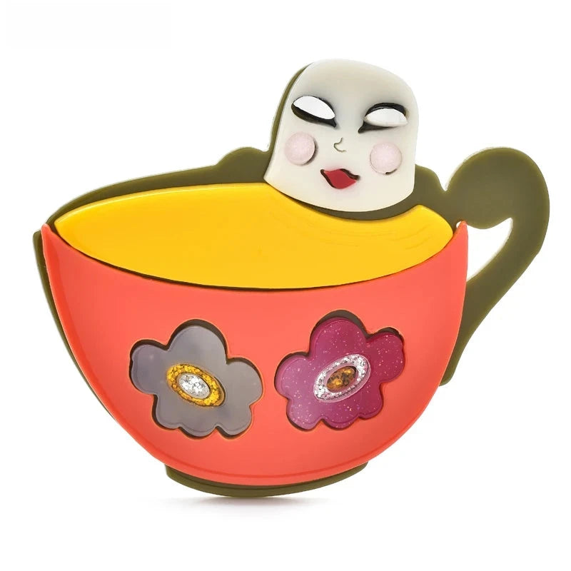 Acrylic Character in Floral Cup Brooch — Orange