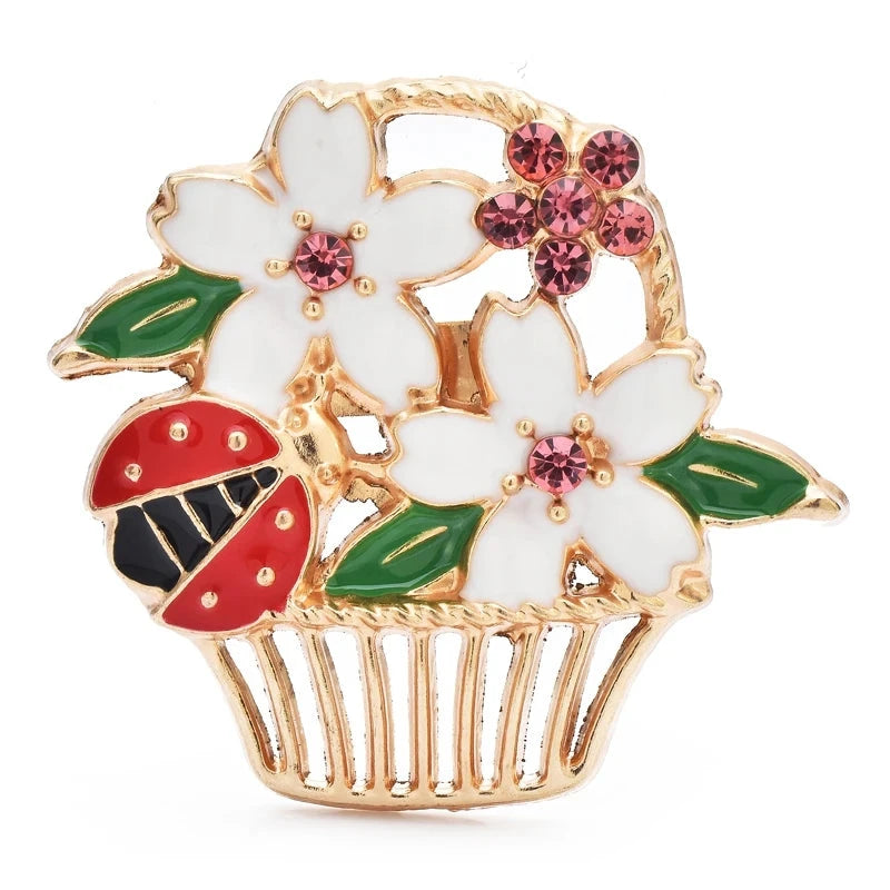 Enamel Flower Basket with Ladybug Brooch — White