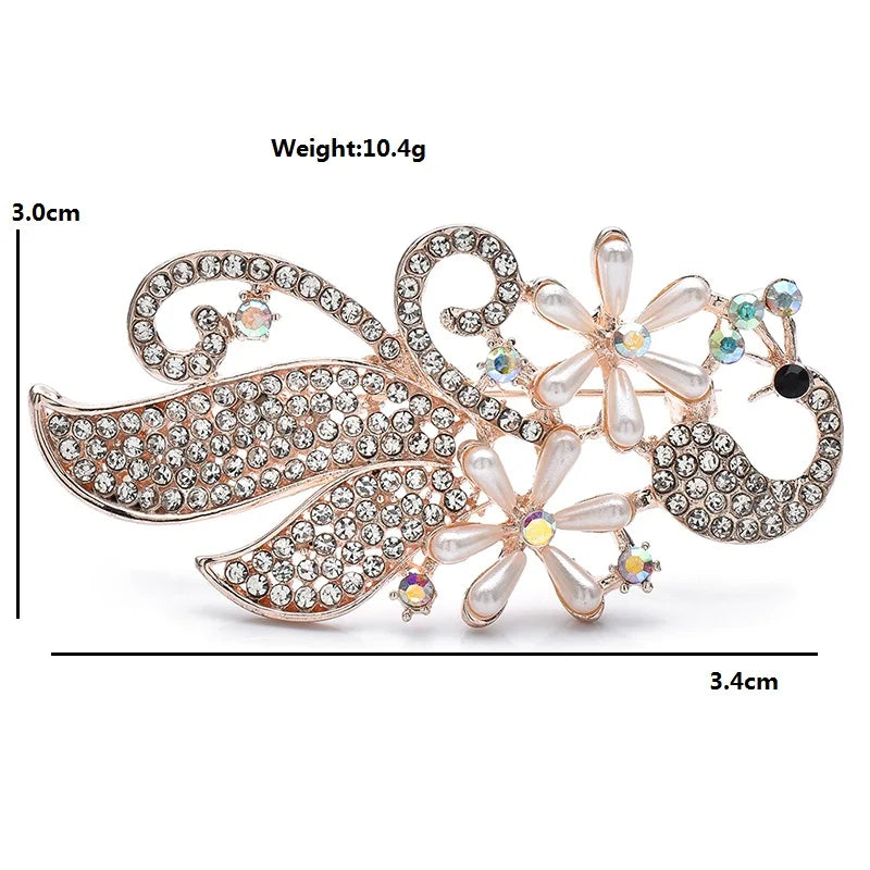 Rhinestone Peacock with Pearl-Look Flower Brooch — dimensions