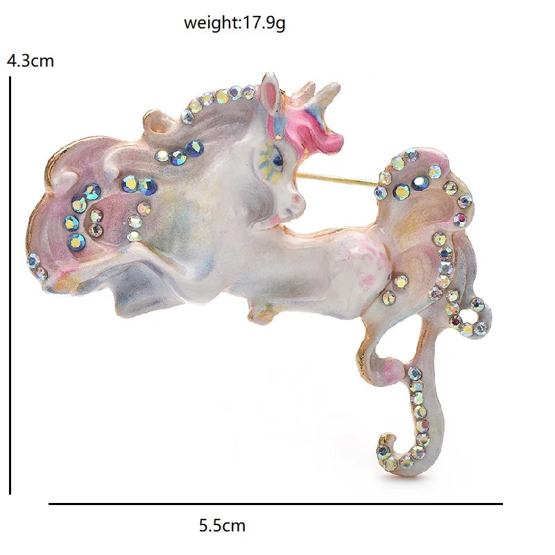 Patterned Enamel Prancing Unicorn Brooch dimensions and weight
