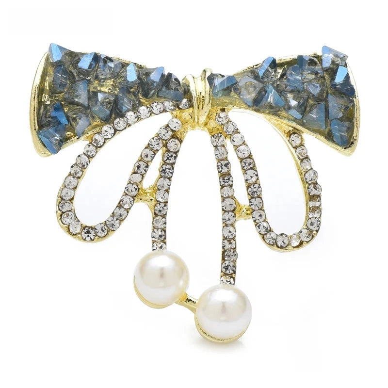 Jeweled Ribbon Bow with Twin Pearl-Look Drops Brooch product variant photo