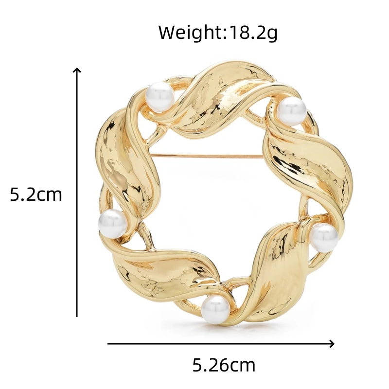 Circular Leaf Wreath with Pearl-Look Accents Brooch — dimensions