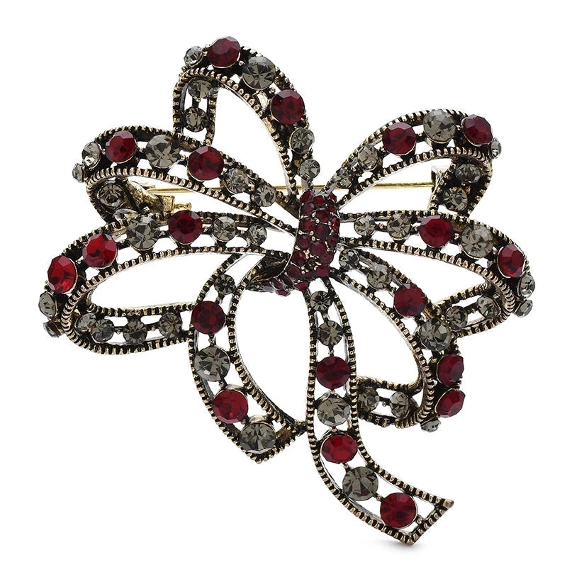 Vintage-Style Looping Rhinestone Bow Brooch — Red