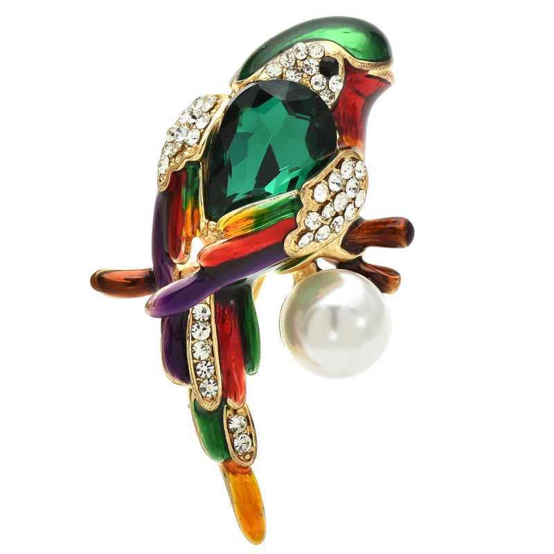 Jeweled Parrot with Pearl-Look Drop Brooch