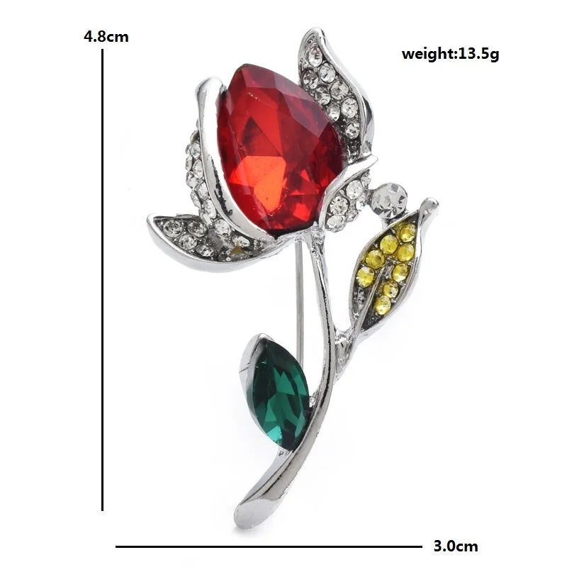 Red Rhinestone Tulip Brooch — dimensions