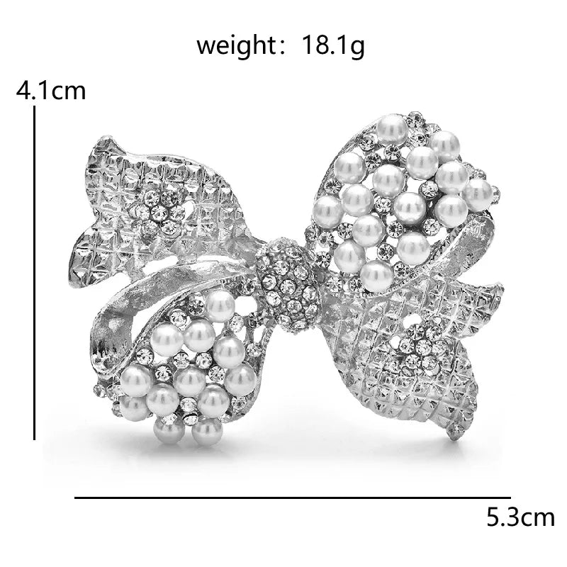 Rhinestone Bow with Pearl-Look Accents Brooch — dimensions