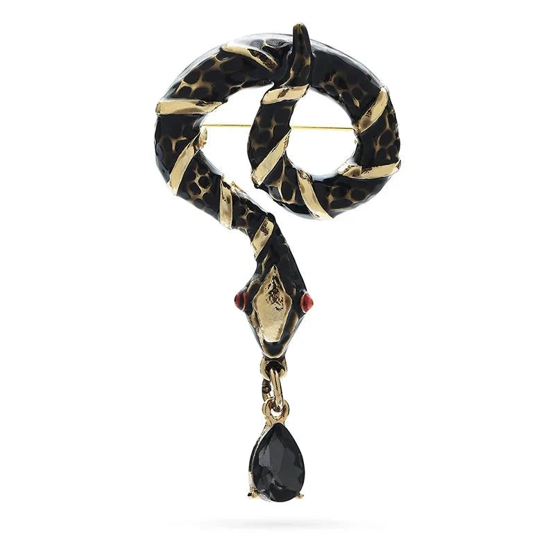Looped Enamel Snake with Teardrop Pendant Brooch — Black