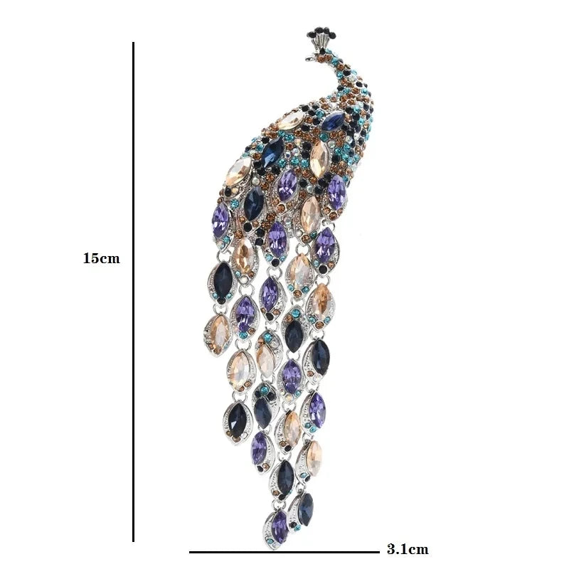 Rhinestone Peacock with Cascading Tail Brooch — dimensions