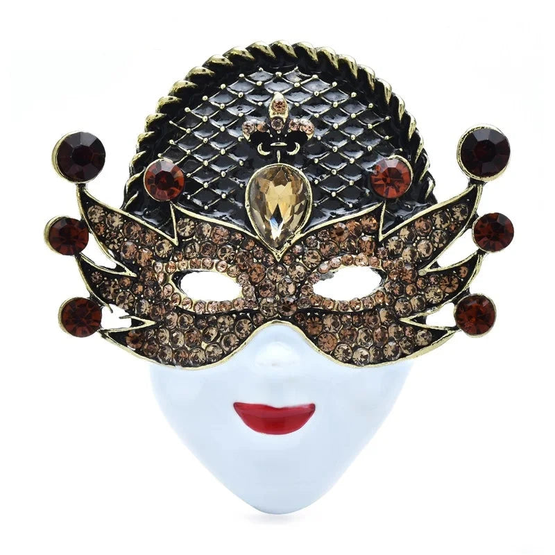 Jeweled Masquerade Face with Enamel Lips Brooch — Brown