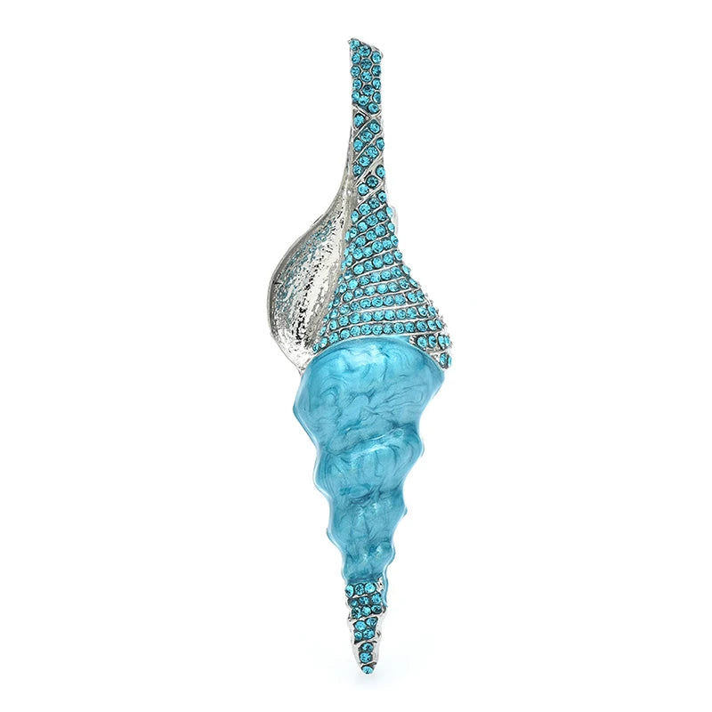 Long Enamel Conch Shell with Rhinestones Brooch — Blue