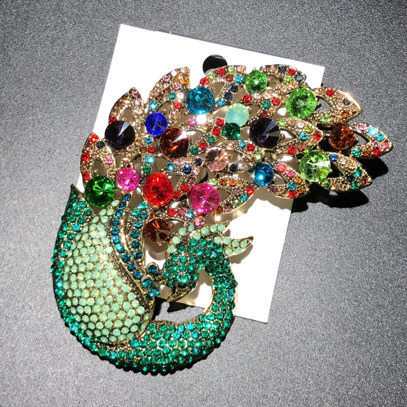Large Multicolor Jeweled Peacock Brooch