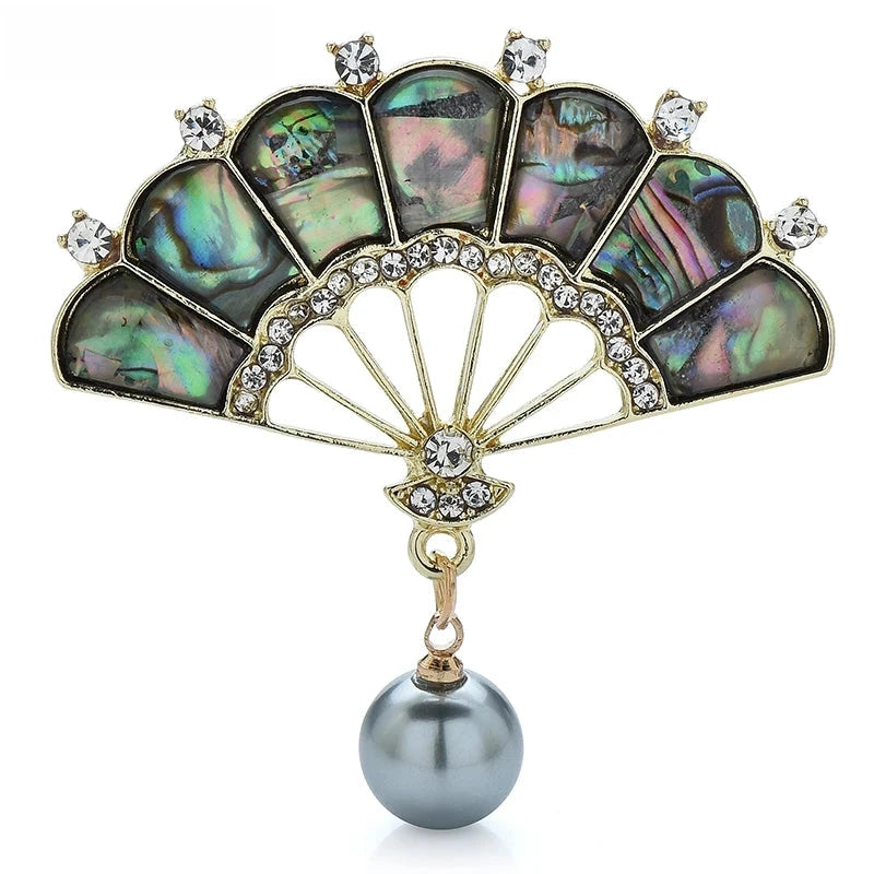 Abalone-Look Fan with Pearl-Look Drop Brooch — Decorative Fan